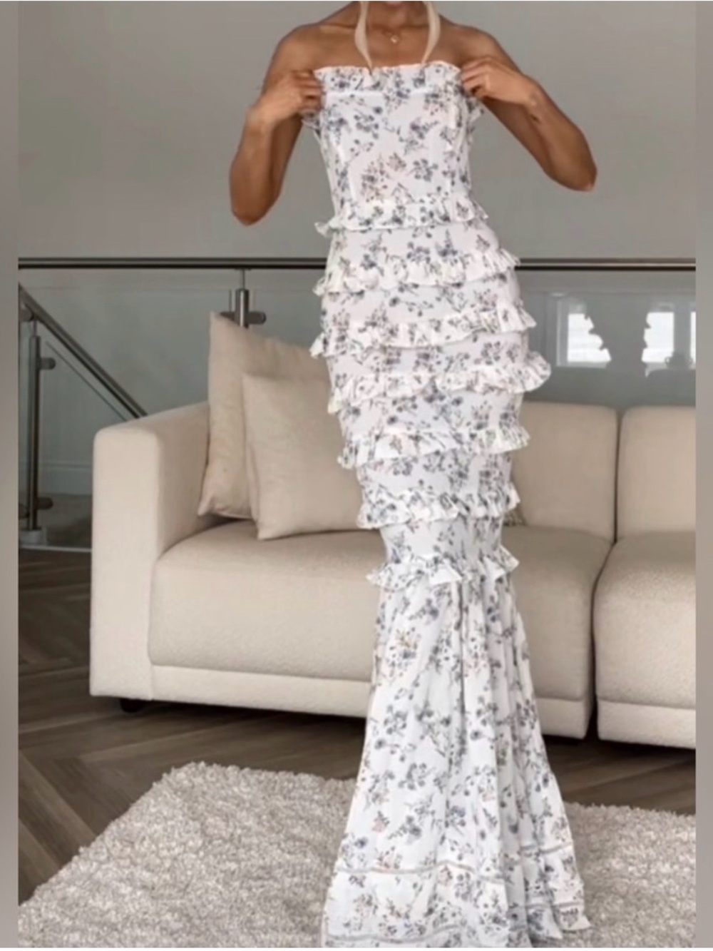 Boohoo White Floral Ruffle Halter Maxi Dress